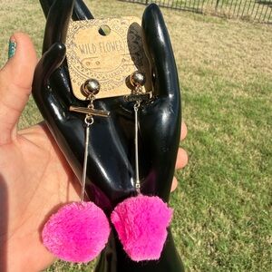 NWT Wild Flower Pink Pom Pom Long Lightweight Dangle Earrings